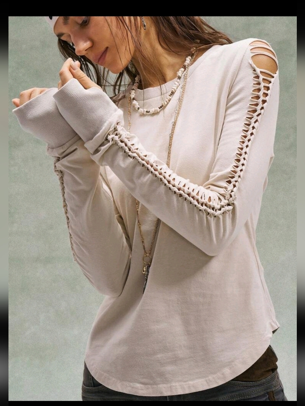 Lattice-Sleeve Long Sleeve Top in Light Ivory - Picture 2 of 14